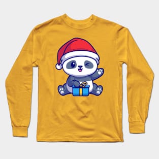 Cute Panda With Gift Box In Winter Cartoon Long Sleeve T-Shirt